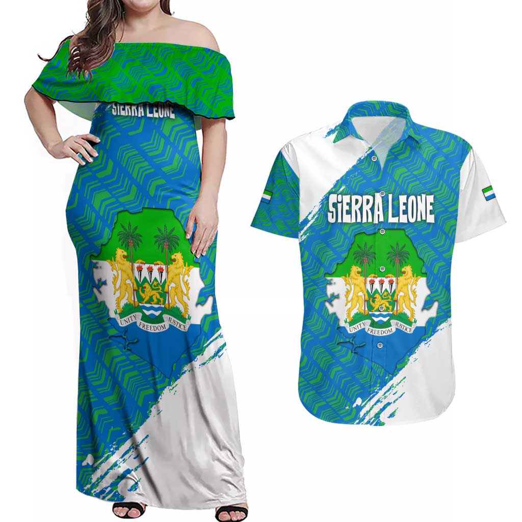 Sierra Leone Crest Couples Matching Off Shoulder Maxi Dress and Hawaiian Shirt with National Coat of Arms and Flag Colors