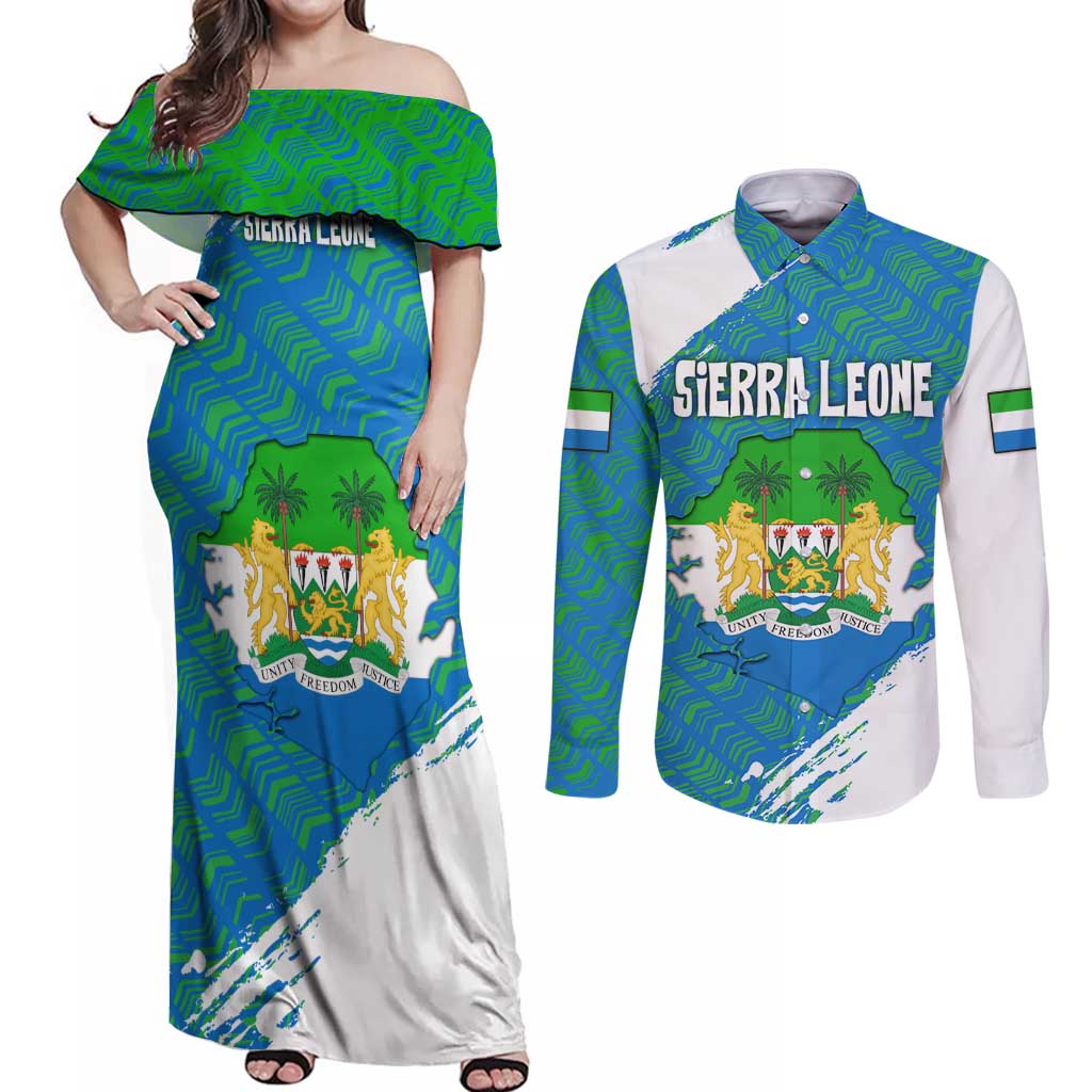 Sierra Leone Crest Couples Matching Off Shoulder Maxi Dress and Long Sleeve Button Shirt with National Coat of Arms and Flag Colors