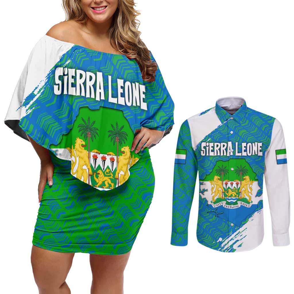 Sierra Leone Crest Couples Matching Off Shoulder Short Dress and Long Sleeve Button Shirt with National Coat of Arms and Flag Colors