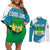 Sierra Leone Crest Couples Matching Off Shoulder Short Dress and Long Sleeve Button Shirt with National Coat of Arms and Flag Colors