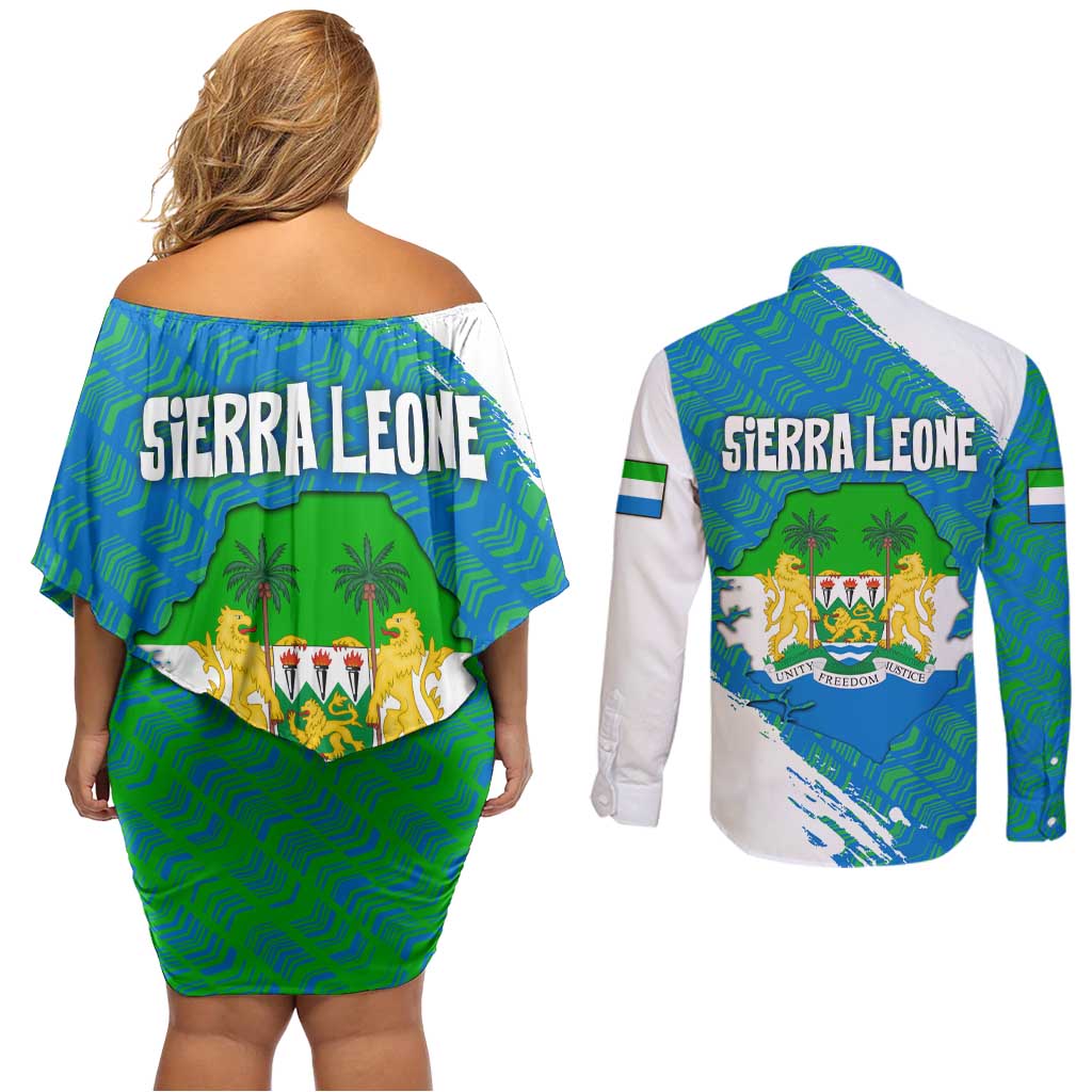 Sierra Leone Crest Couples Matching Off Shoulder Short Dress and Long Sleeve Button Shirt with National Coat of Arms and Flag Colors