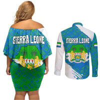 Sierra Leone Crest Couples Matching Off Shoulder Short Dress and Long Sleeve Button Shirt with National Coat of Arms and Flag Colors