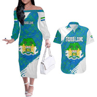 Sierra Leone Crest Couples Matching Off The Shoulder Long Sleeve Dress and Hawaiian Shirt with National Coat of Arms and Flag Colors