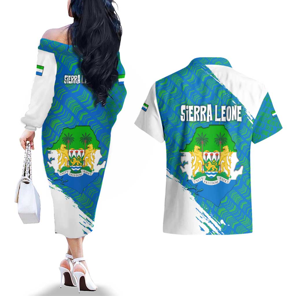 Sierra Leone Crest Couples Matching Off The Shoulder Long Sleeve Dress and Hawaiian Shirt with National Coat of Arms and Flag Colors