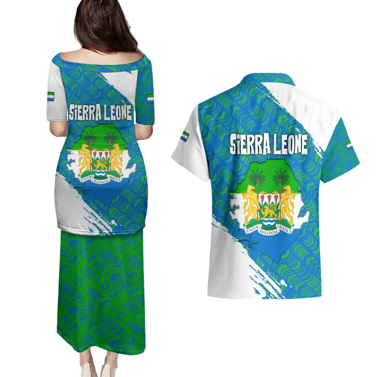 Sierra Leone Crest Couples Matching Puletasi and Hawaiian Shirt with National Coat of Arms and Flag Colors