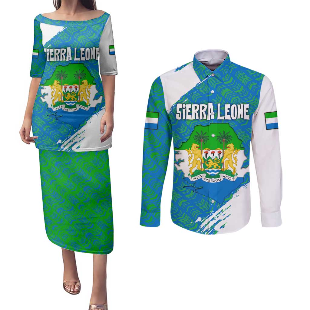 Sierra Leone Crest Couples Matching Puletasi and Long Sleeve Button Shirt with National Coat of Arms and Flag Colors