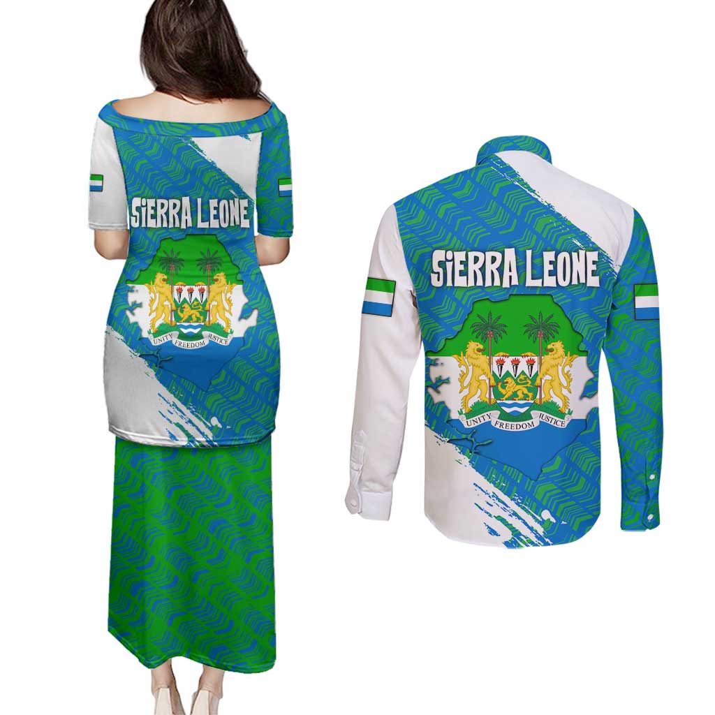 Sierra Leone Crest Couples Matching Puletasi and Long Sleeve Button Shirt with National Coat of Arms and Flag Colors