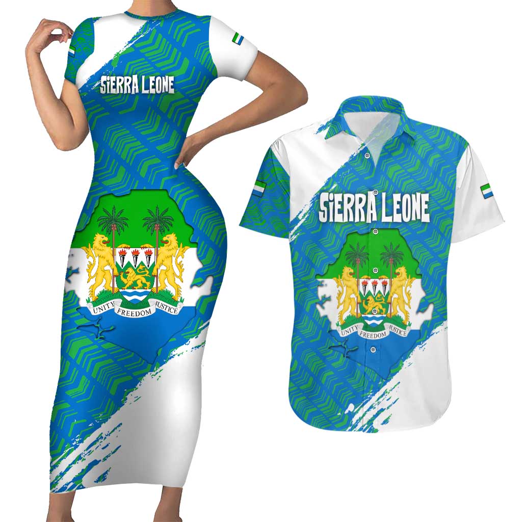 Sierra Leone Crest Couples Matching Short Sleeve Bodycon Dress and Hawaiian Shirt with National Coat of Arms and Flag Colors