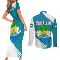 Sierra Leone Crest Couples Matching Short Sleeve Bodycon Dress and Long Sleeve Button Shirt with National Coat of Arms and Flag Colors