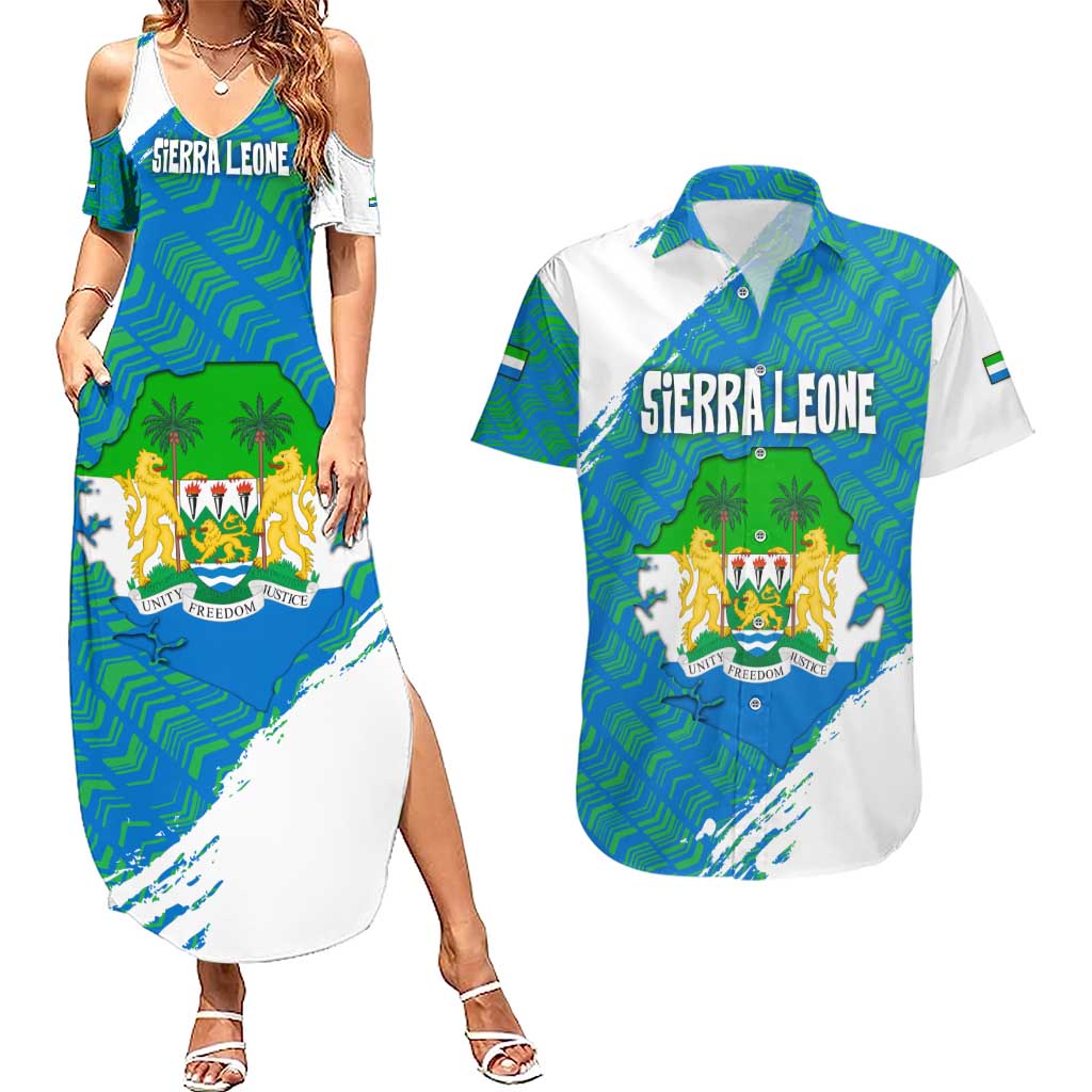 Sierra Leone Crest Couples Matching Summer Maxi Dress and Hawaiian Shirt with National Coat of Arms and Flag Colors