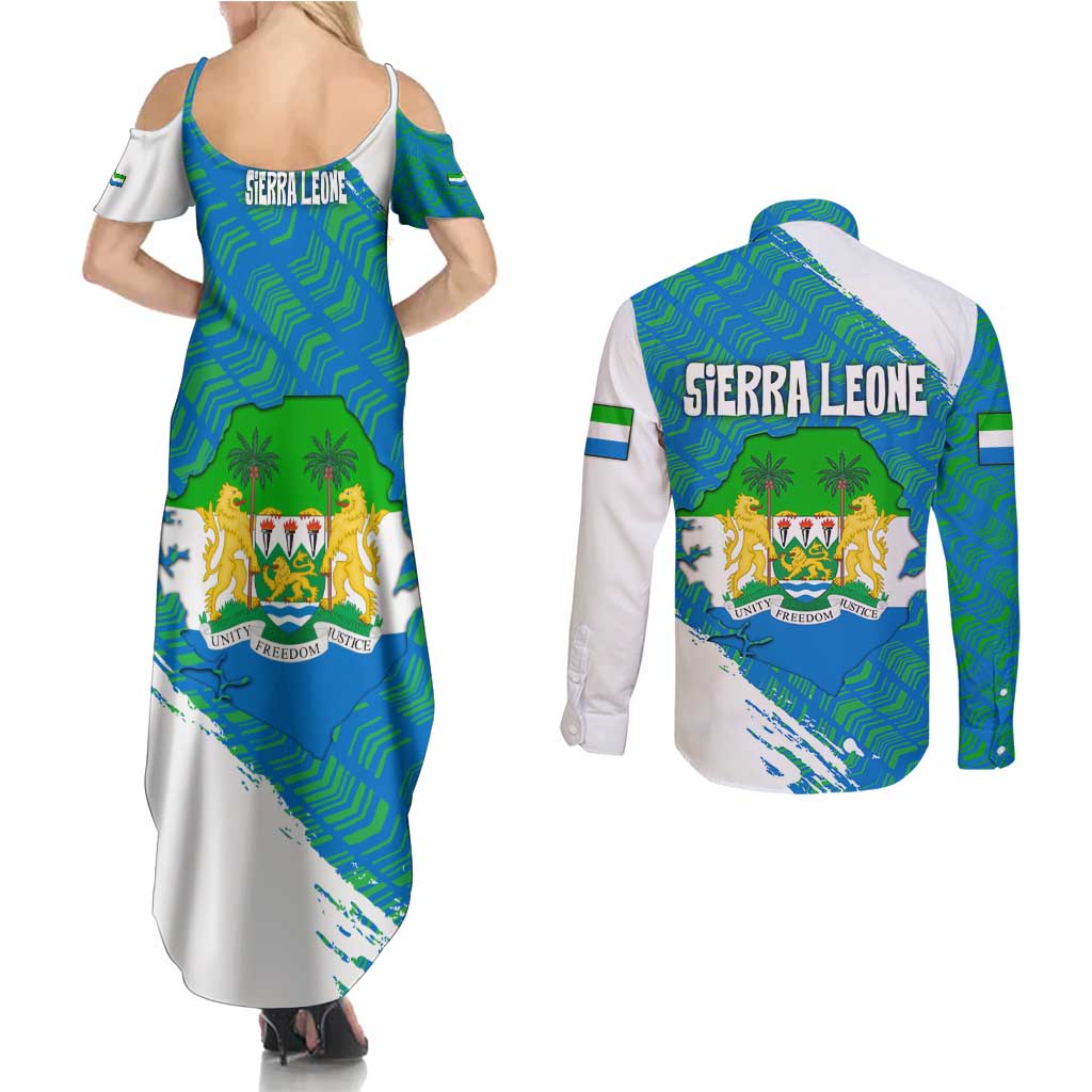 Sierra Leone Crest Couples Matching Summer Maxi Dress and Long Sleeve Button Shirt with National Coat of Arms and Flag Colors