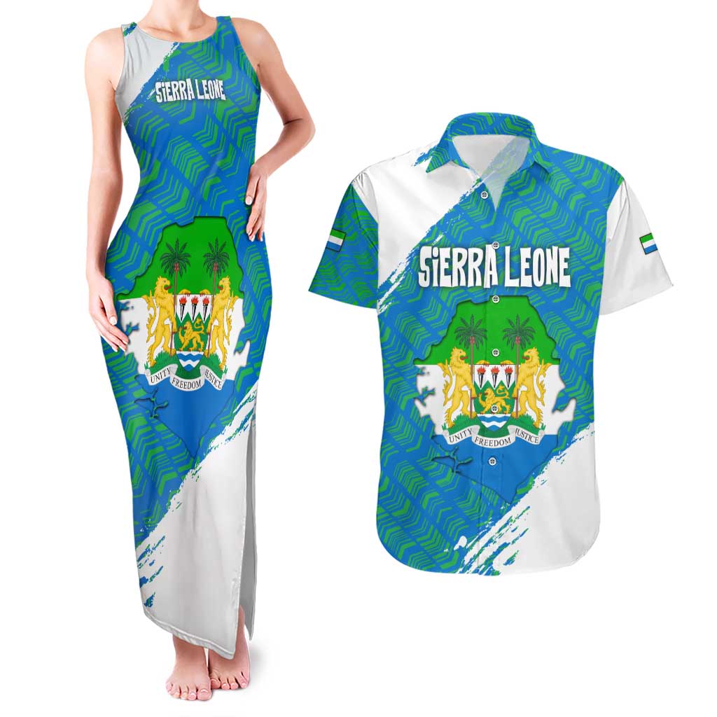 Sierra Leone Crest Couples Matching Tank Maxi Dress and Hawaiian Shirt with National Coat of Arms and Flag Colors