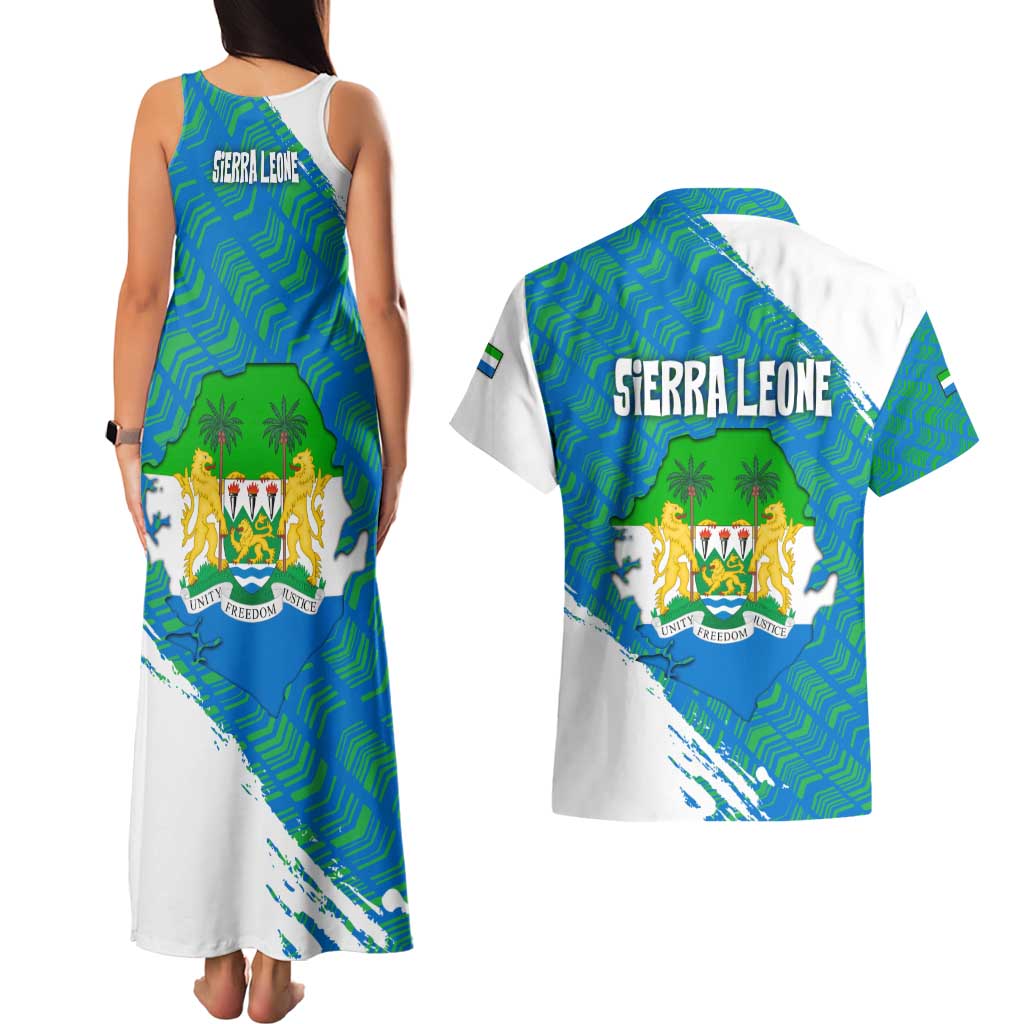 Sierra Leone Crest Couples Matching Tank Maxi Dress and Hawaiian Shirt with National Coat of Arms and Flag Colors