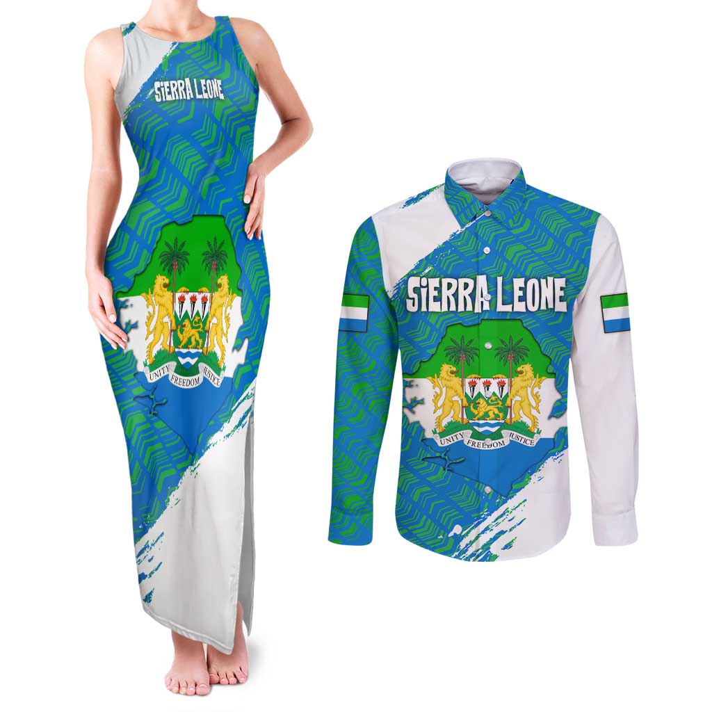 Sierra Leone Crest Couples Matching Tank Maxi Dress and Long Sleeve Button Shirt with National Coat of Arms and Flag Colors