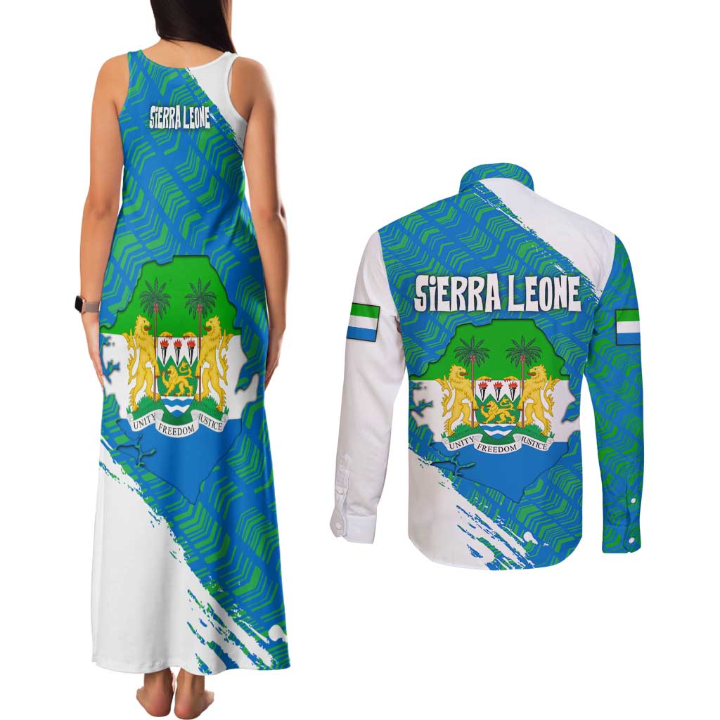 Sierra Leone Crest Couples Matching Tank Maxi Dress and Long Sleeve Button Shirt with National Coat of Arms and Flag Colors