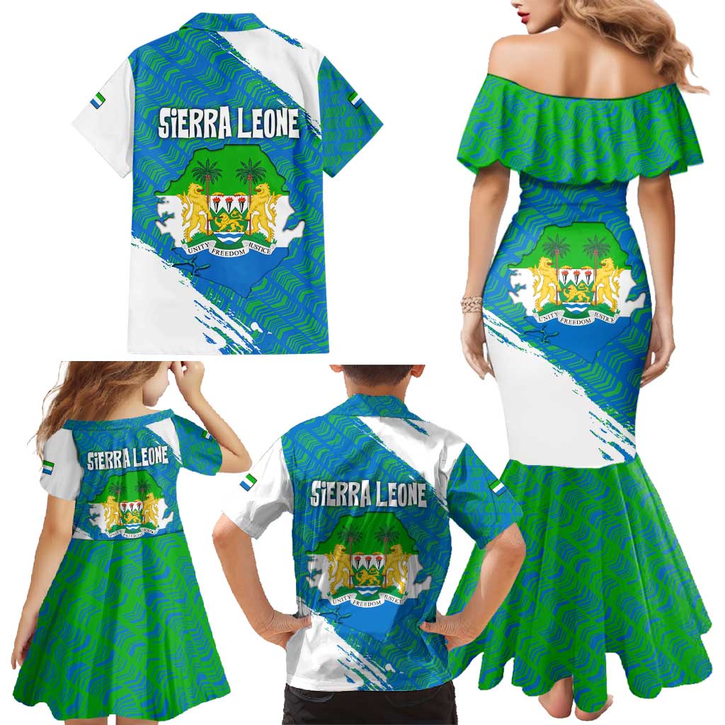 Sierra Leone Crest Family Matching Mermaid Dress and Hawaiian Shirt with National Coat of Arms and Flag Colors