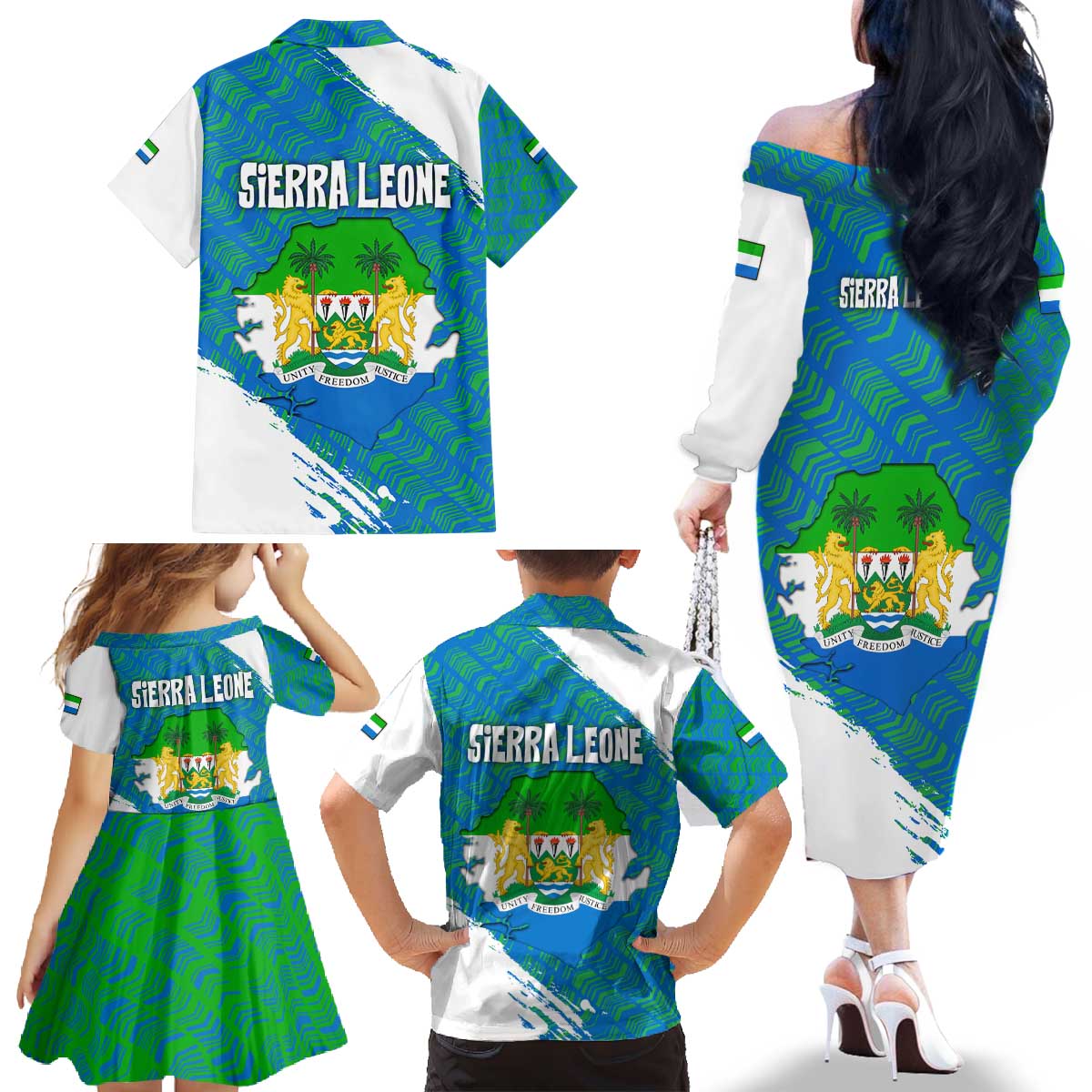 Sierra Leone Crest Family Matching Off The Shoulder Long Sleeve Dress and Hawaiian Shirt with National Coat of Arms and Flag Colors
