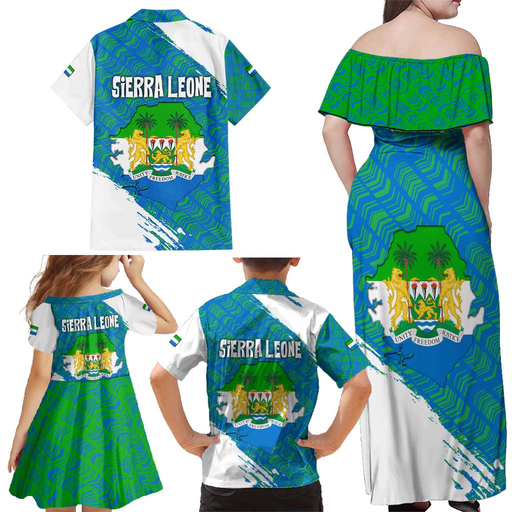 Sierra Leone Crest Family Matching Off Shoulder Maxi Dress and Hawaiian Shirt with National Coat of Arms and Flag Colors