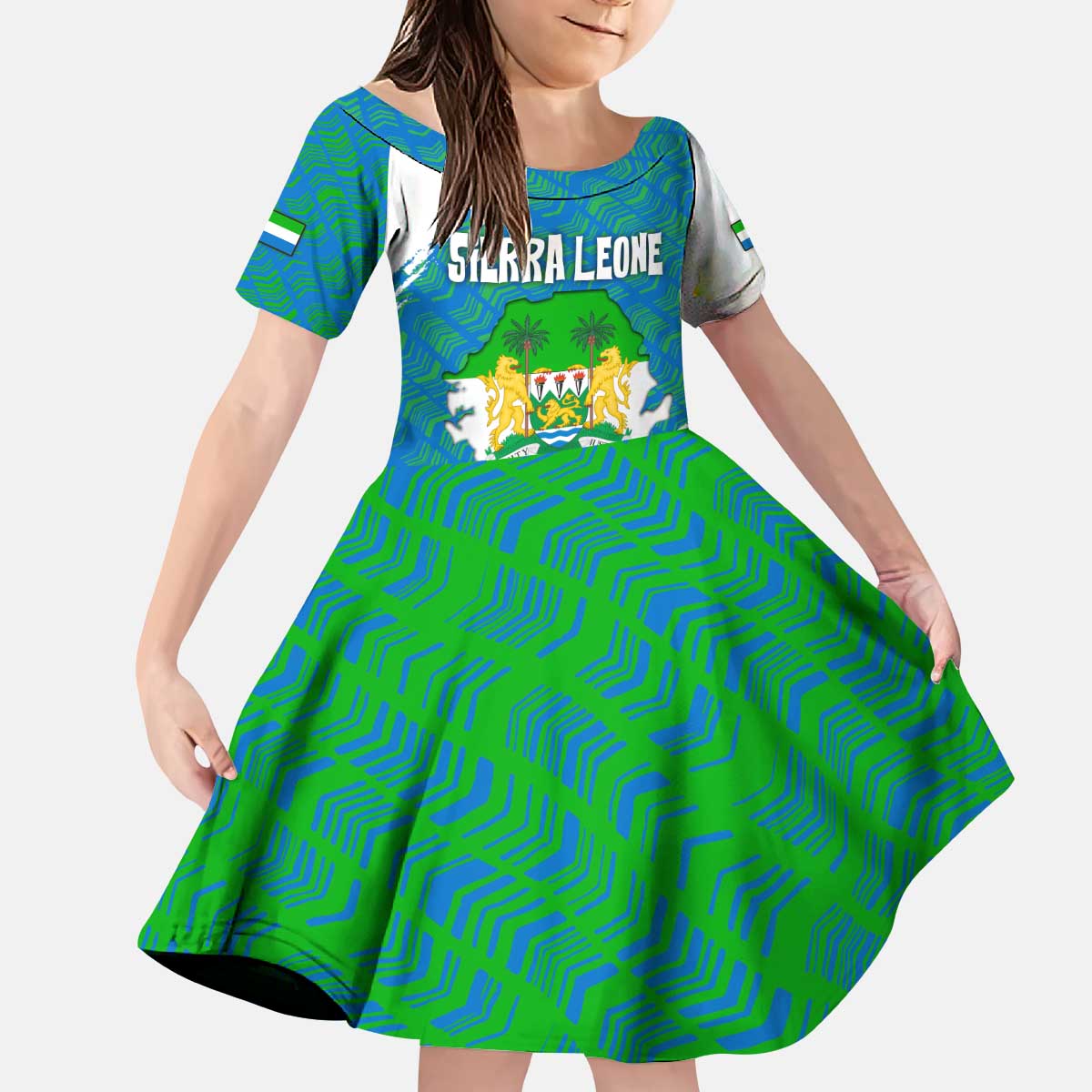 Sierra Leone Crest Kid Short Sleeve Dress with National Coat of Arms and Flag Colors