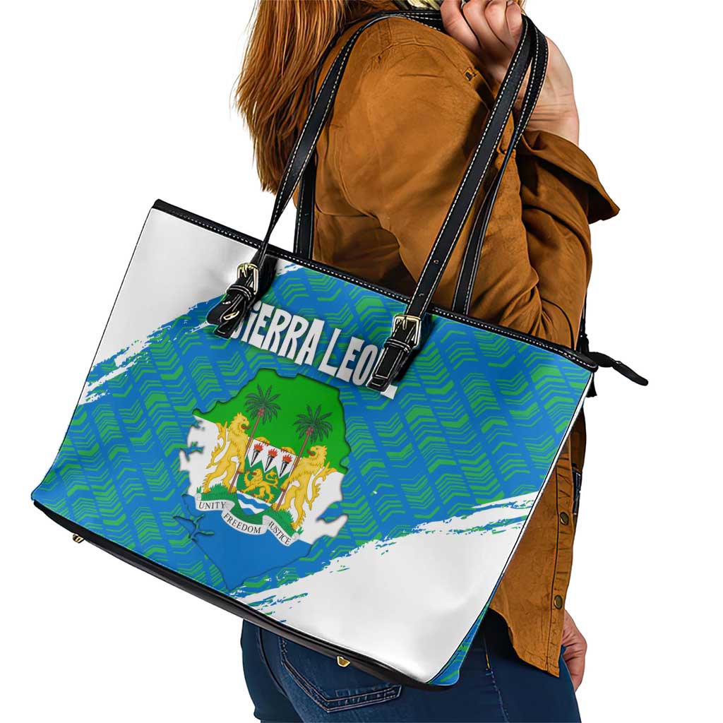 Sierra Leone Crest Leather Tote Bag with National Coat of Arms and Flag Colors