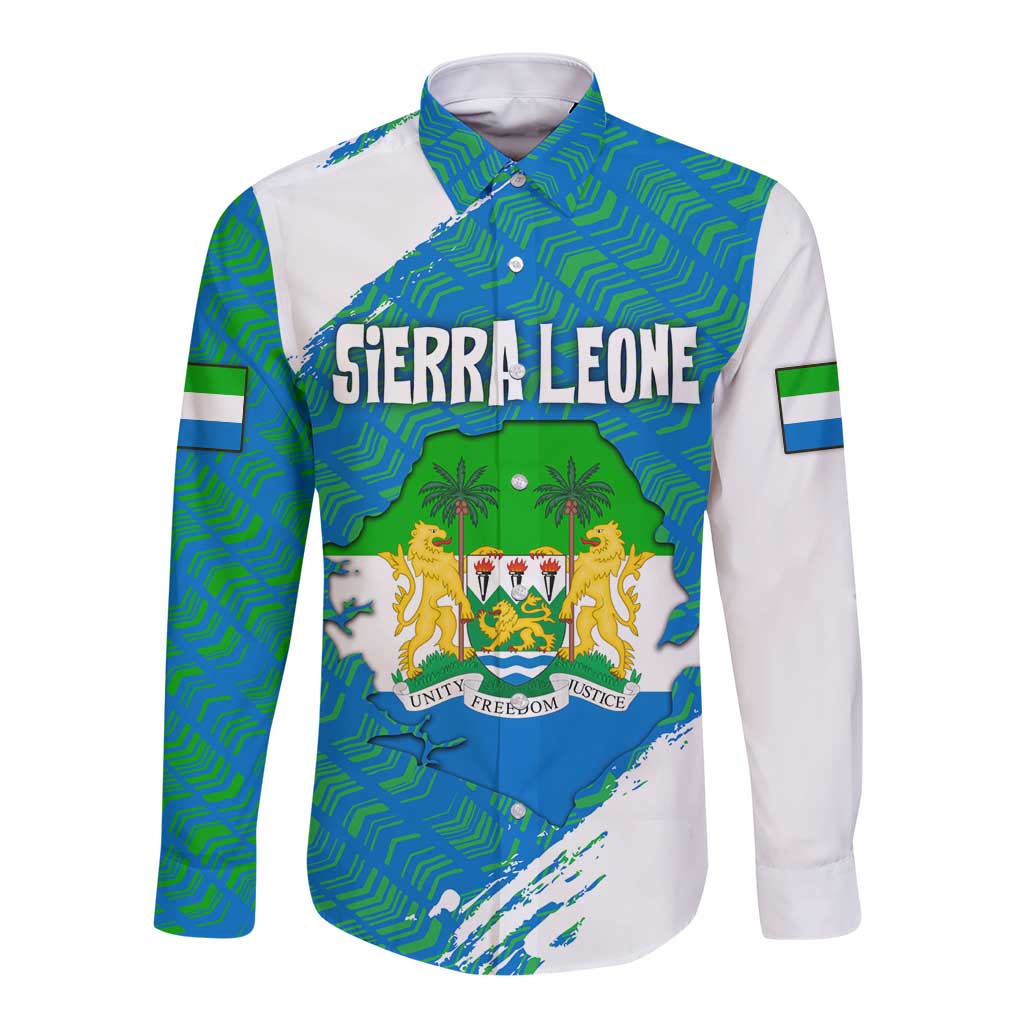Sierra Leone Crest Long Sleeve Button Shirt with National Coat of Arms and Flag Colors