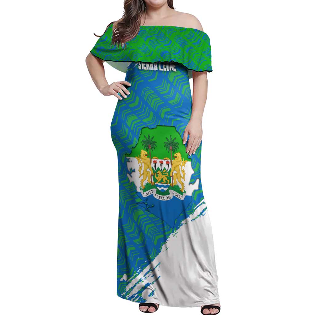 Sierra Leone Crest Off Shoulder Maxi Dress with National Coat of Arms and Flag Colors