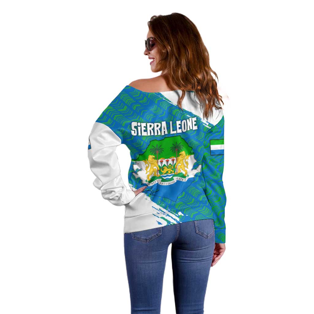 Sierra Leone Crest Off Shoulder Sweater with National Coat of Arms and Flag Colors