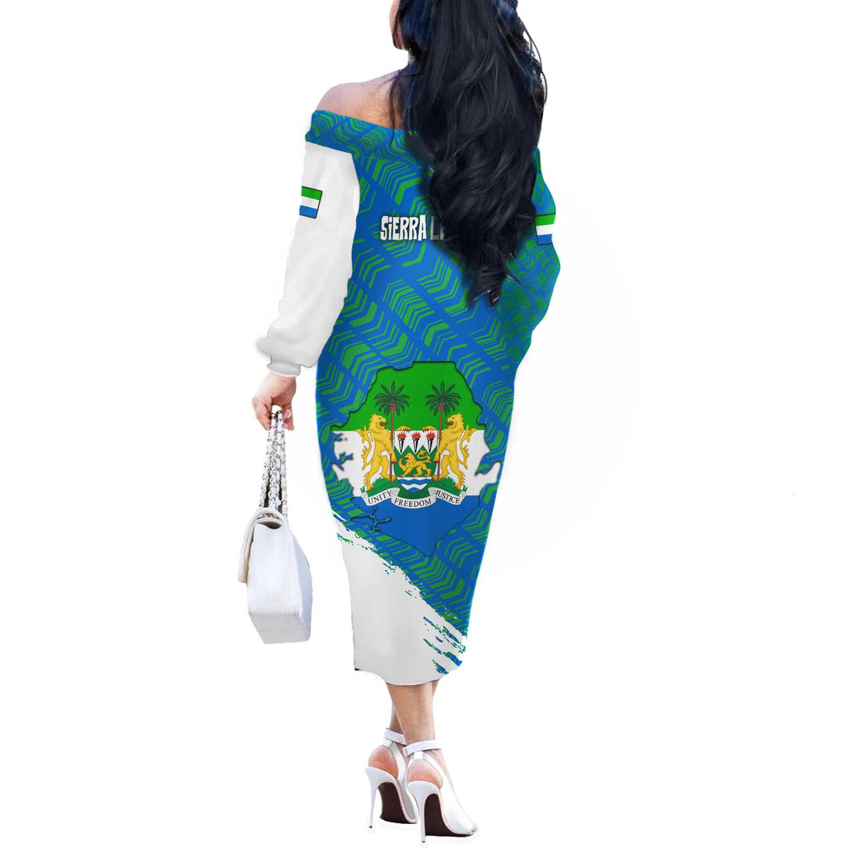 Sierra Leone Crest Off The Shoulder Long Sleeve Dress with National Coat of Arms and Flag Colors