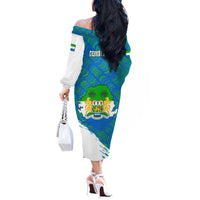 Sierra Leone Crest Off The Shoulder Long Sleeve Dress with National Coat of Arms and Flag Colors