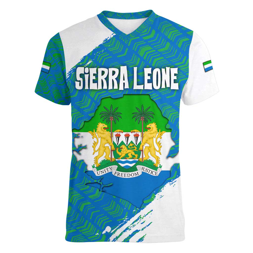 Sierra Leone Crest Women V-Neck T-Shirt with National Coat of Arms and Flag Colors