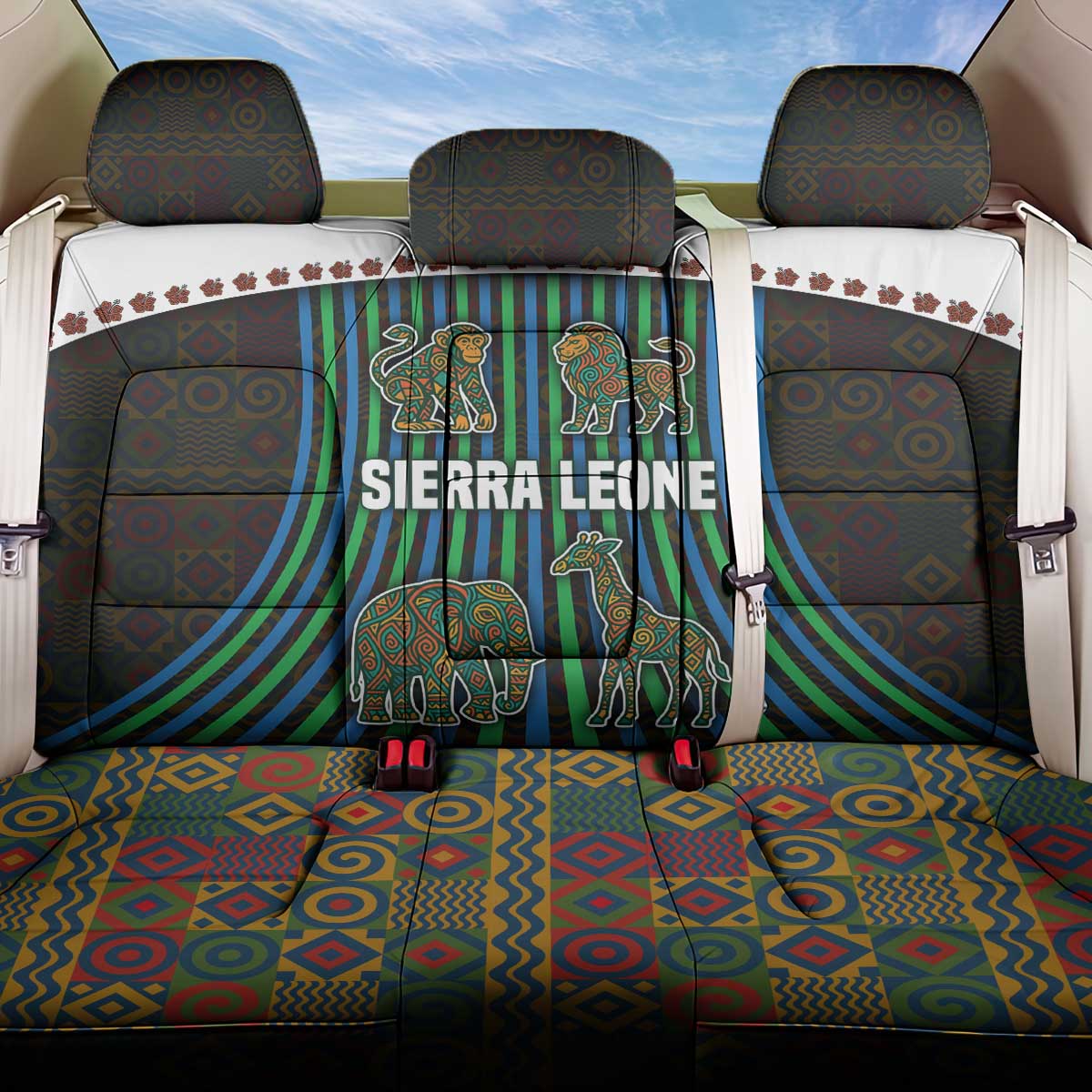 Sierra Leone Back Car Seat Cover with Tribal Animal Pattern Featuring Lion Elephant Giraffe and Monkey