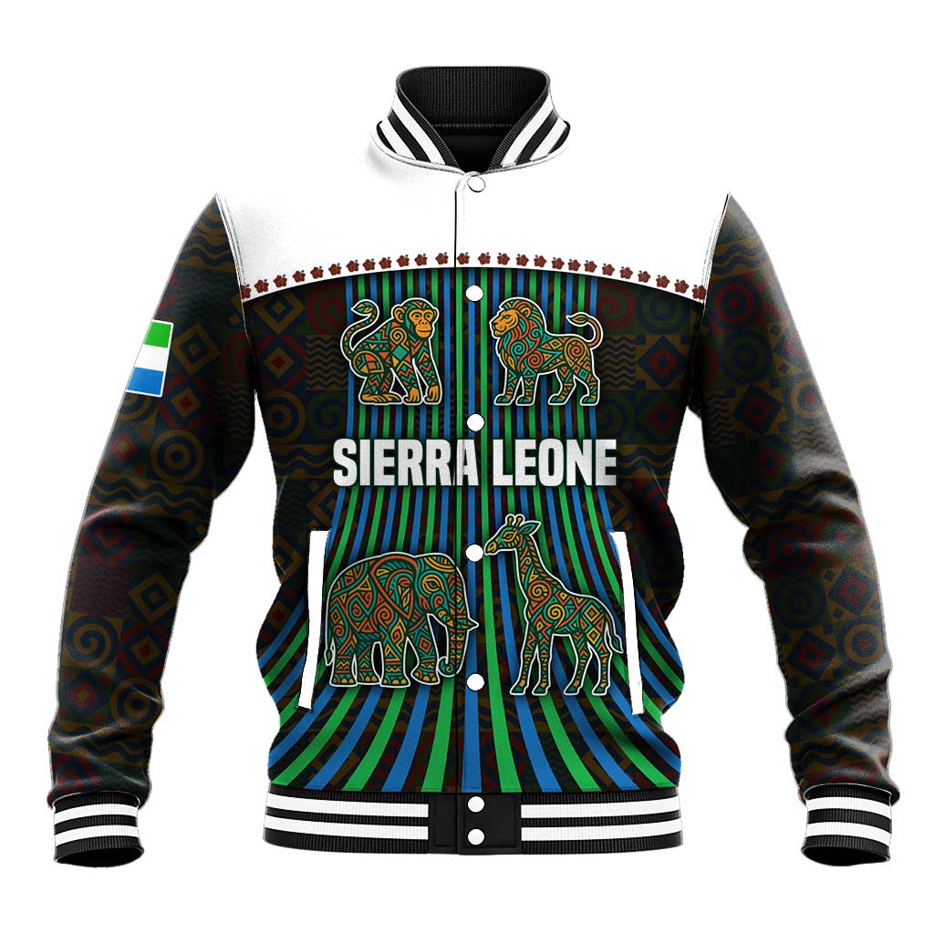 Sierra Leone Baseball Jacket with Tribal Animal Pattern Featuring Lion Elephant Giraffe and Monkey
