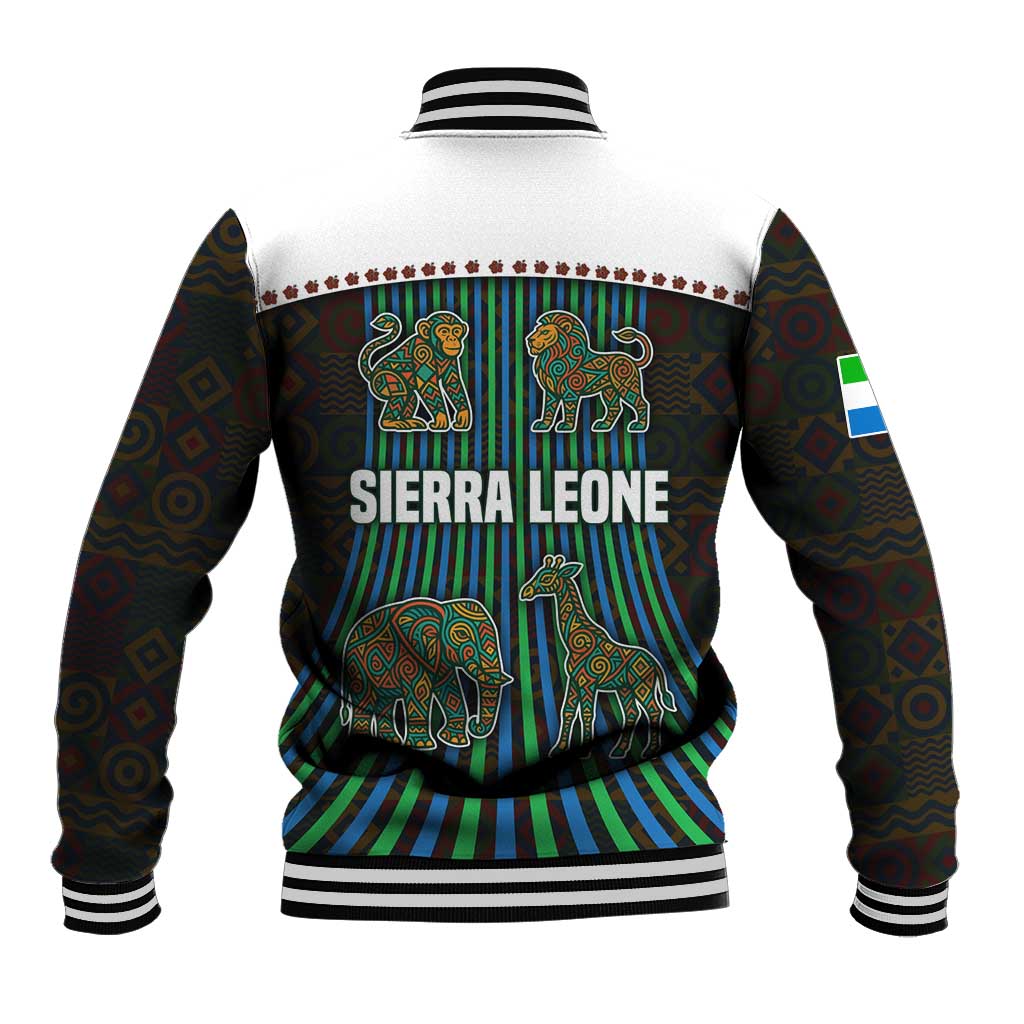 Sierra Leone Baseball Jacket with Tribal Animal Pattern Featuring Lion Elephant Giraffe and Monkey