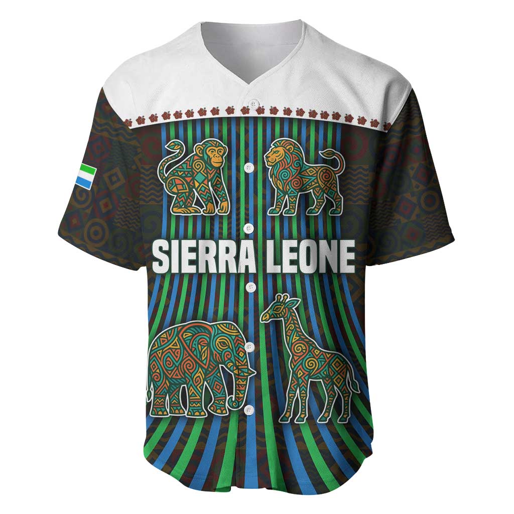 Sierra Leone Baseball Jersey with Tribal Animal Pattern Featuring Lion Elephant Giraffe and Monkey