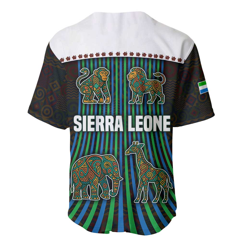 Sierra Leone Baseball Jersey with Tribal Animal Pattern Featuring Lion Elephant Giraffe and Monkey