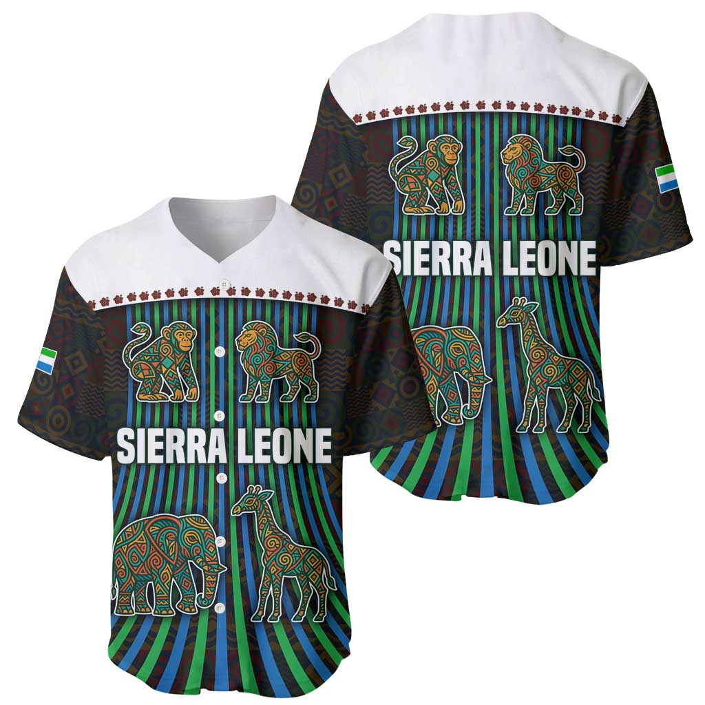 Sierra Leone Baseball Jersey with Tribal Animal Pattern Featuring Lion Elephant Giraffe and Monkey