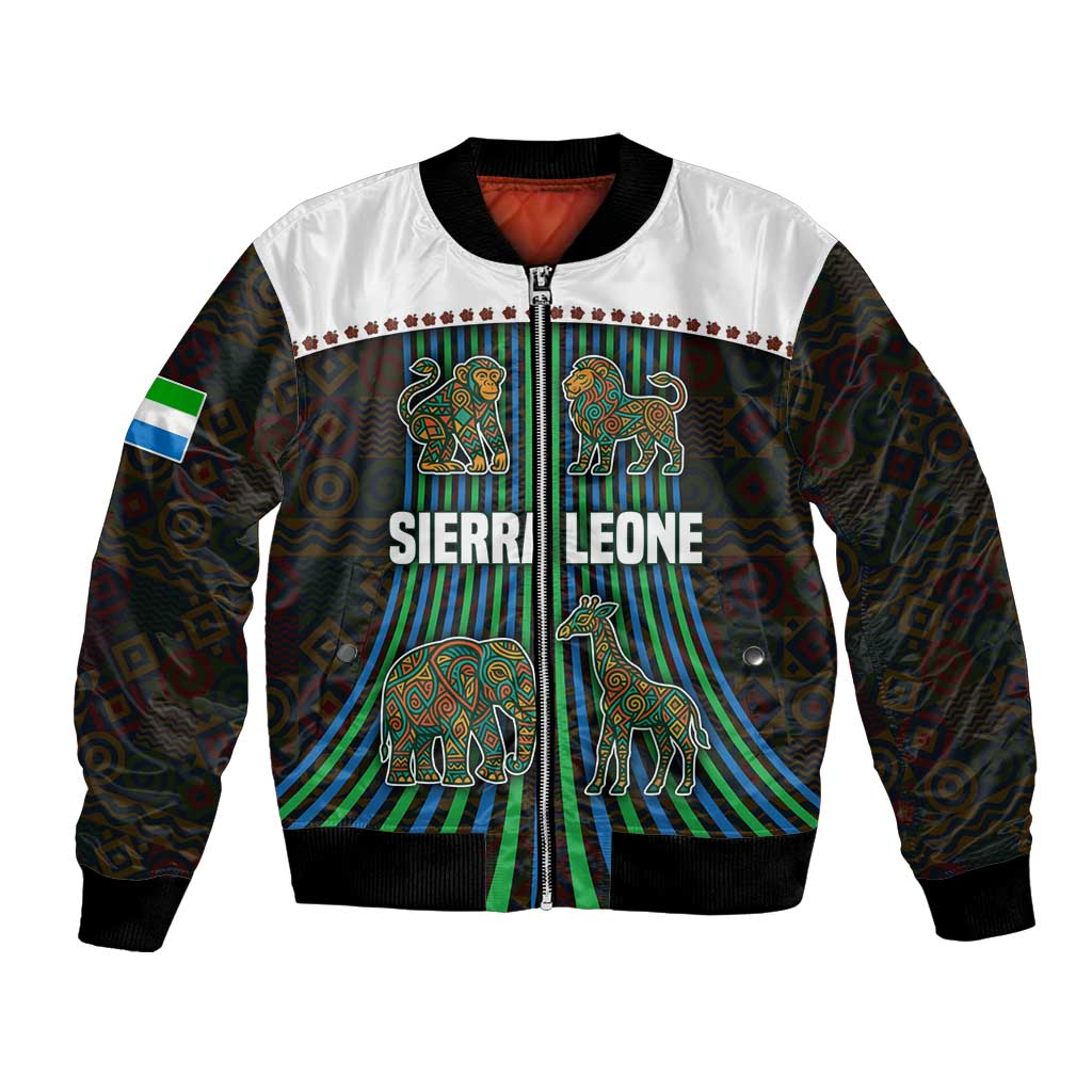 Sierra Leone Bomber Jacket with Tribal Animal Pattern Featuring Lion Elephant Giraffe and Monkey
