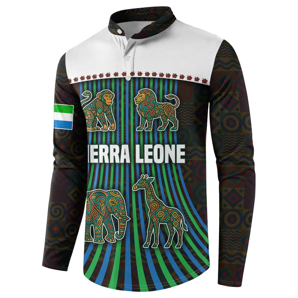 Sierra Leone Button Sweatshirt with Tribal Animal Pattern Featuring Lion Elephant Giraffe and Monkey