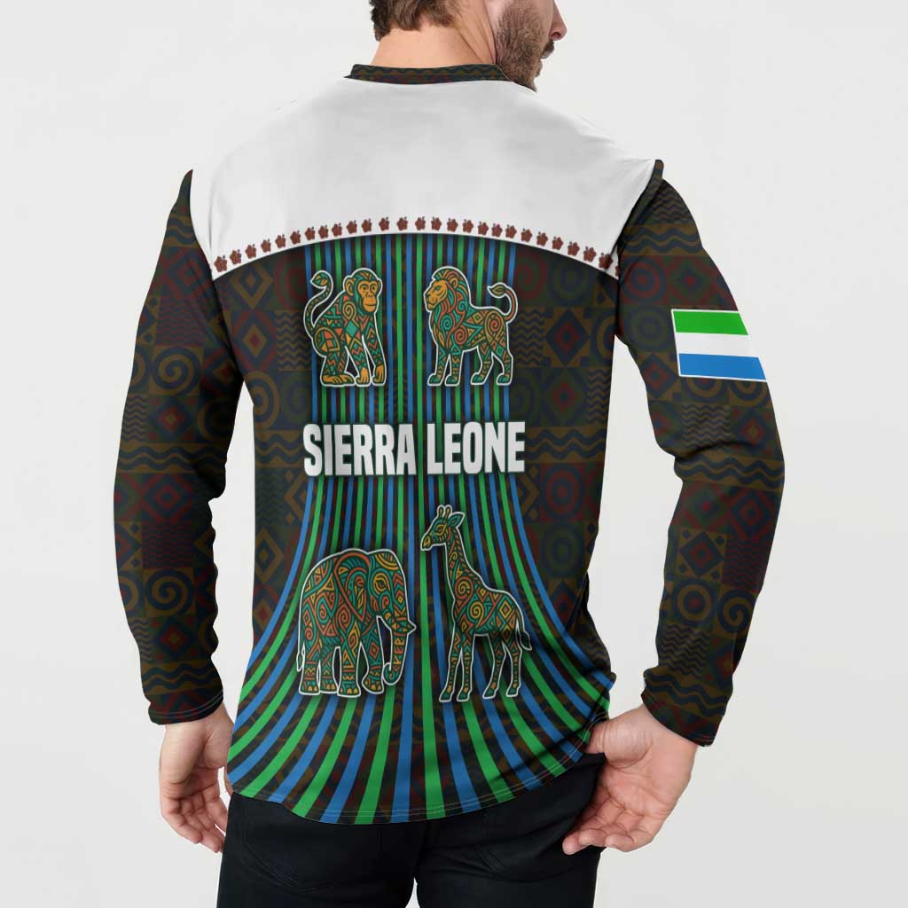 Sierra Leone Button Sweatshirt with Tribal Animal Pattern Featuring Lion Elephant Giraffe and Monkey