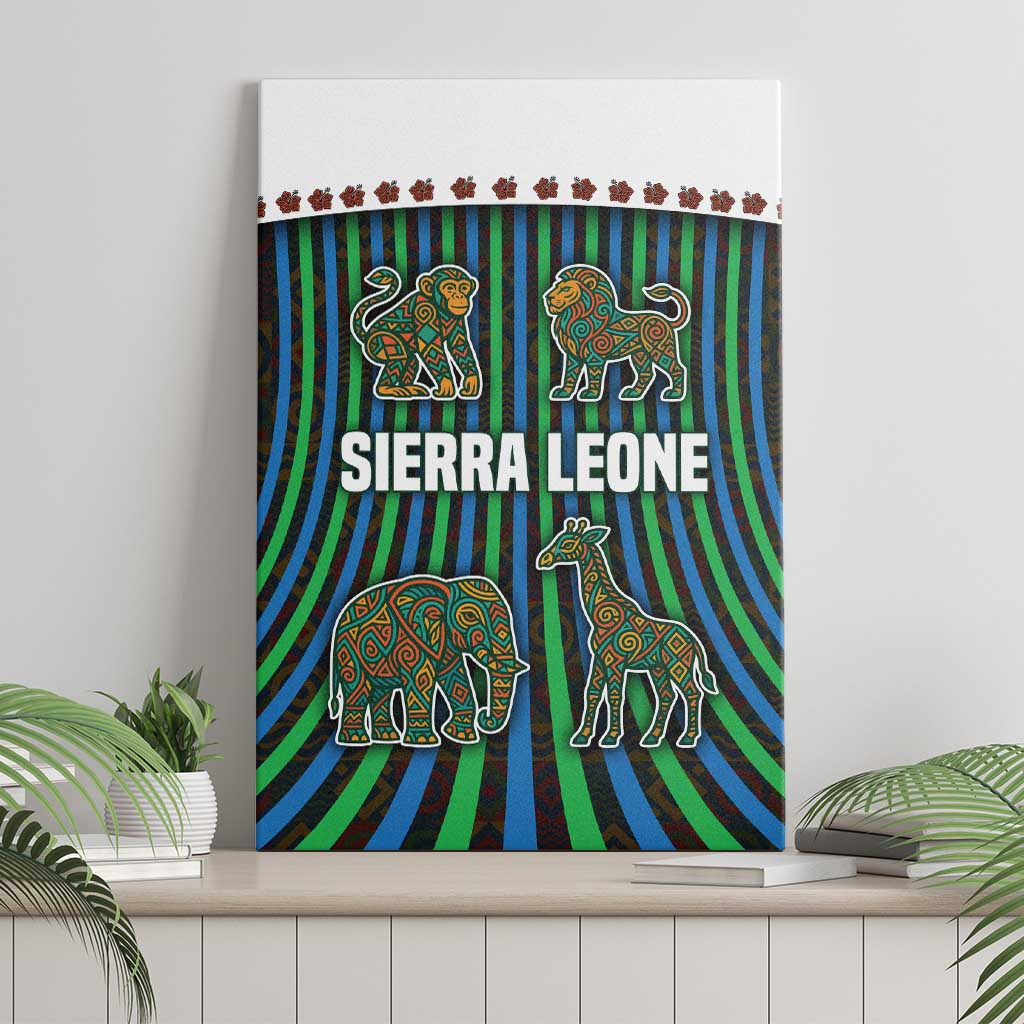 Sierra Leone Canvas Wall Art with Tribal Animal Pattern Featuring Lion Elephant Giraffe and Monkey
