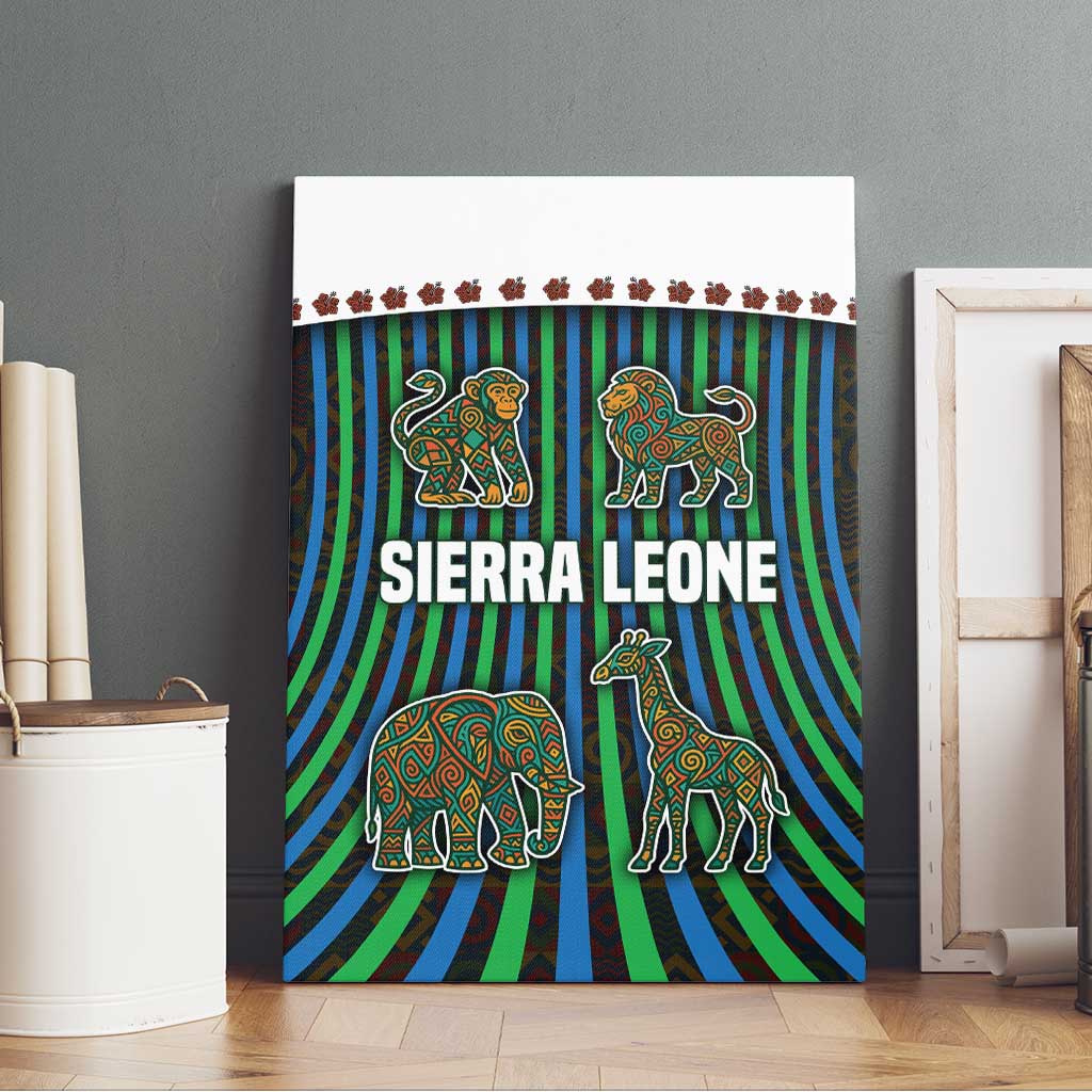 Sierra Leone Canvas Wall Art with Tribal Animal Pattern Featuring Lion Elephant Giraffe and Monkey