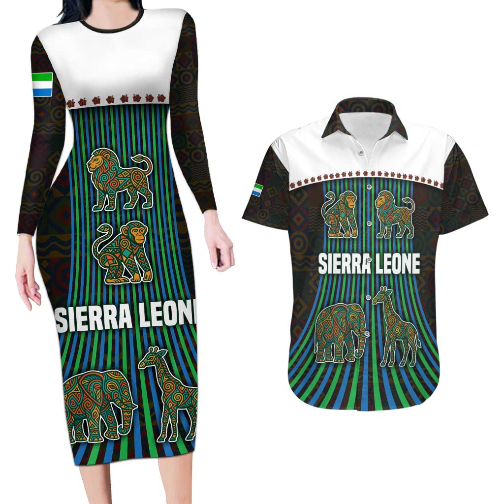 Sierra Leone Couples Matching Long Sleeve Bodycon Dress and Hawaiian Shirt with Tribal Animal Pattern Featuring Lion Elephant Giraffe and Monkey