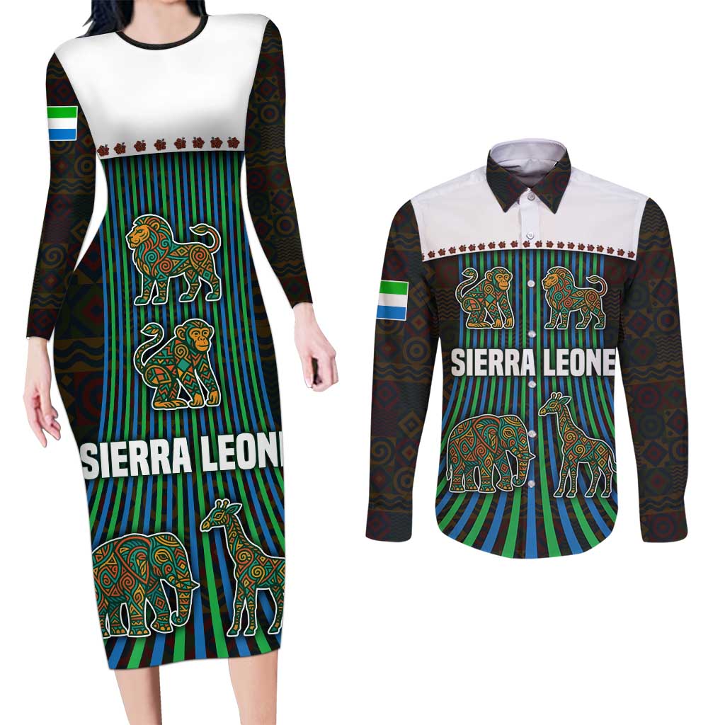Sierra Leone Couples Matching Long Sleeve Bodycon Dress and Long Sleeve Button Shirt with Tribal Animal Pattern Featuring Lion Elephant Giraffe and Monkey