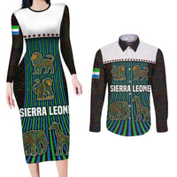 Sierra Leone Couples Matching Long Sleeve Bodycon Dress and Long Sleeve Button Shirt with Tribal Animal Pattern Featuring Lion Elephant Giraffe and Monkey