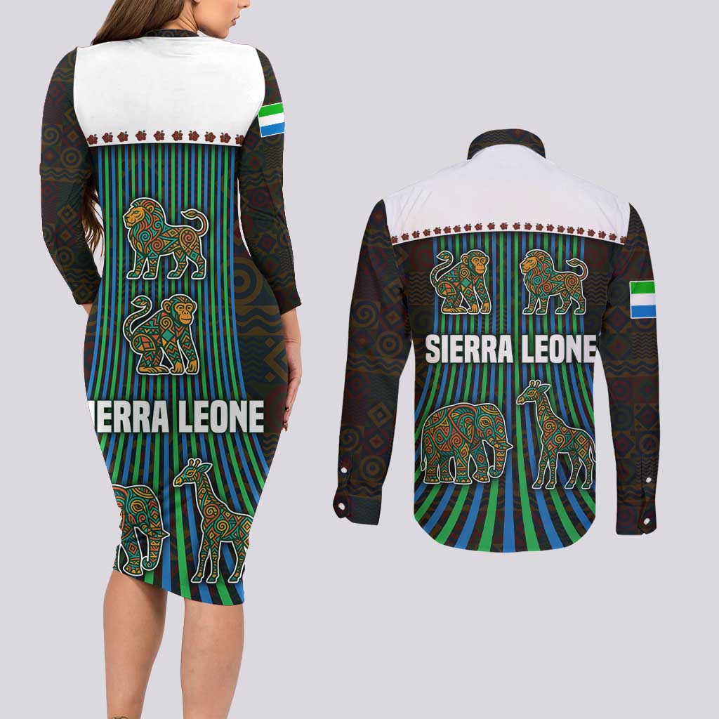 Sierra Leone Couples Matching Long Sleeve Bodycon Dress and Long Sleeve Button Shirt with Tribal Animal Pattern Featuring Lion Elephant Giraffe and Monkey