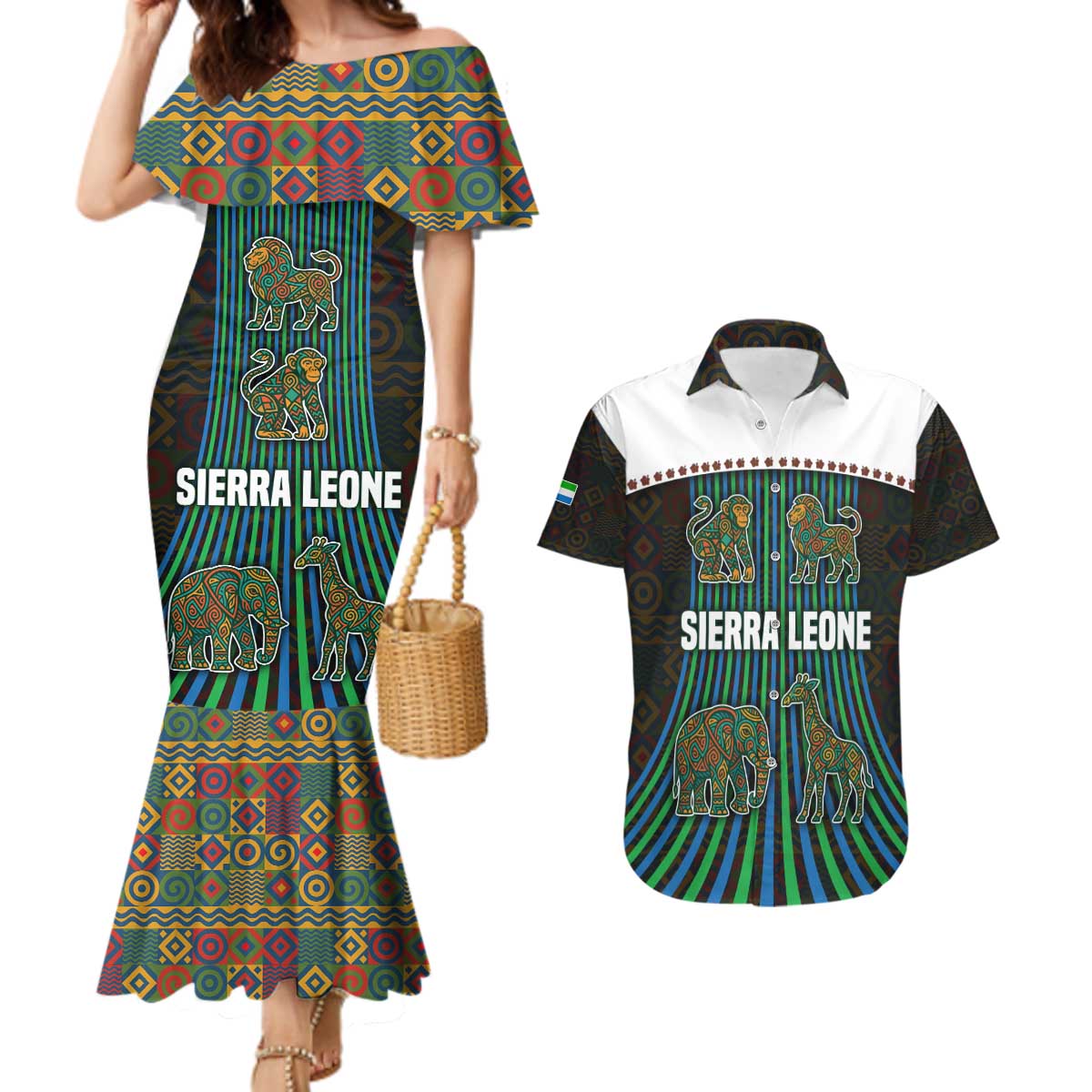 Sierra Leone Couples Matching Mermaid Dress and Hawaiian Shirt with Tribal Animal Pattern Featuring Lion Elephant Giraffe and Monkey
