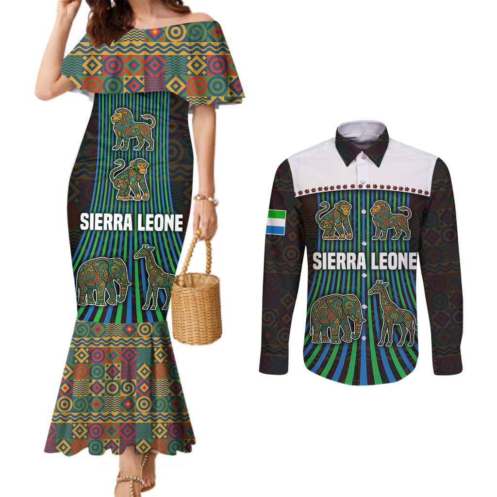 Sierra Leone Couples Matching Mermaid Dress and Long Sleeve Button Shirt with Tribal Animal Pattern Featuring Lion Elephant Giraffe and Monkey