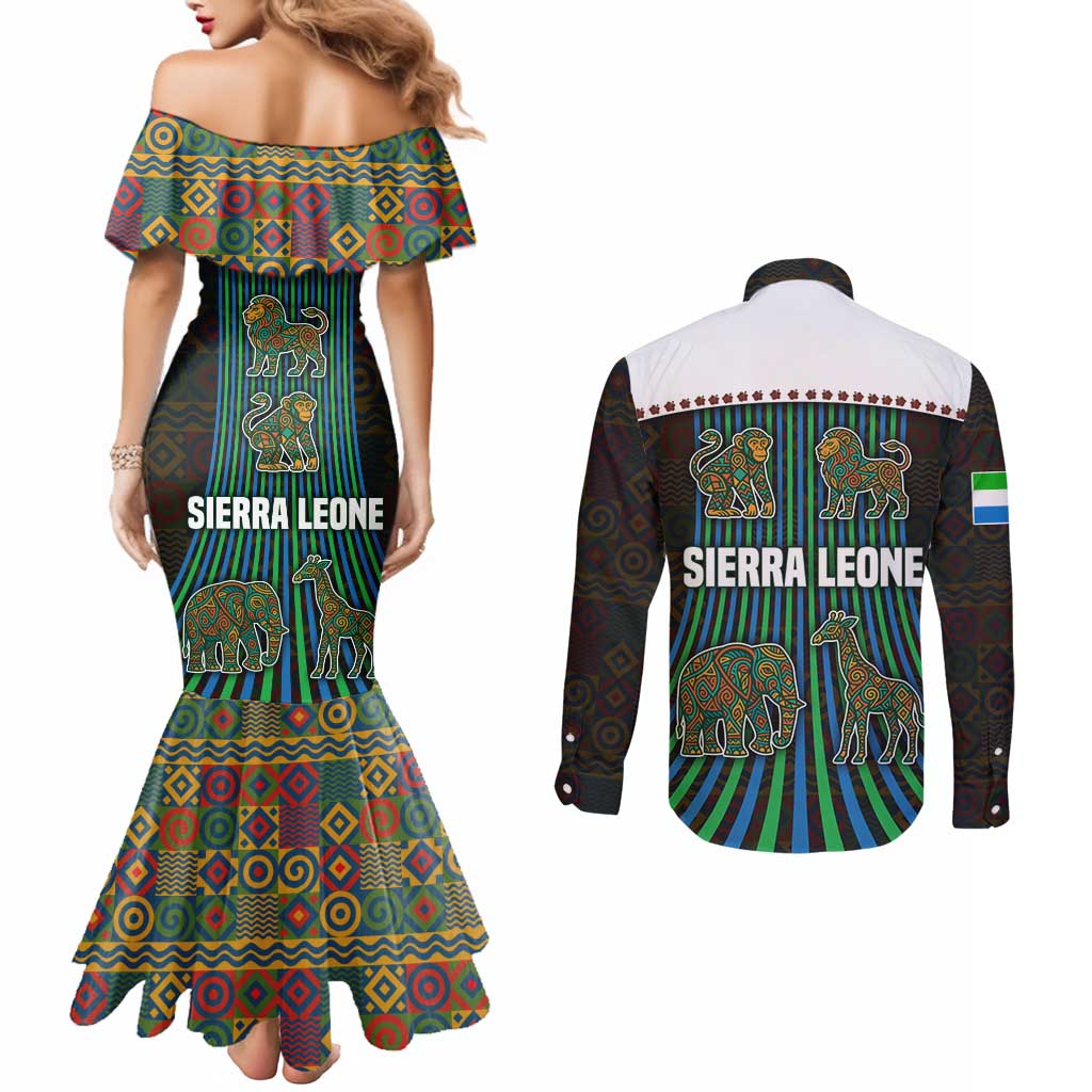 Sierra Leone Couples Matching Mermaid Dress and Long Sleeve Button Shirt with Tribal Animal Pattern Featuring Lion Elephant Giraffe and Monkey