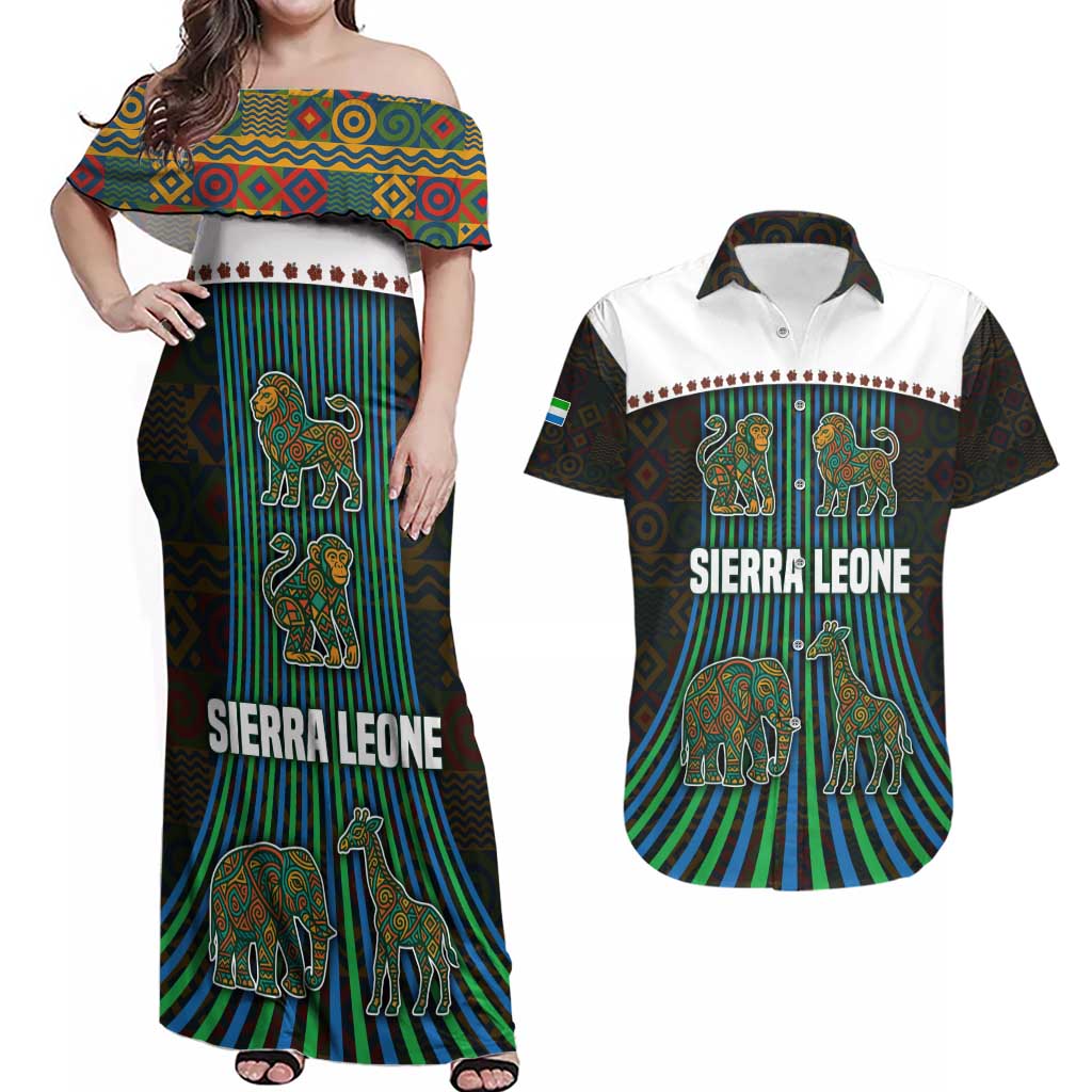 Sierra Leone Couples Matching Off Shoulder Maxi Dress and Hawaiian Shirt with Tribal Animal Pattern Featuring Lion Elephant Giraffe and Monkey