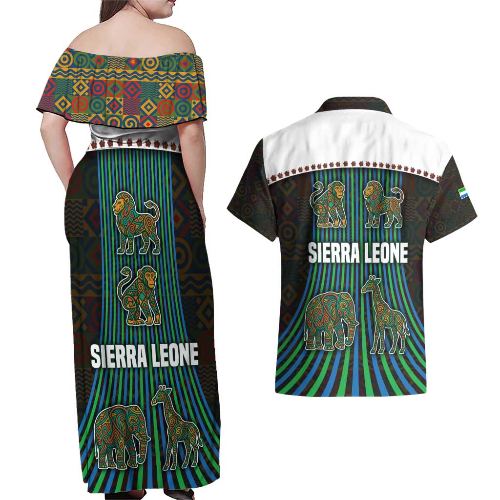 Sierra Leone Couples Matching Off Shoulder Maxi Dress and Hawaiian Shirt with Tribal Animal Pattern Featuring Lion Elephant Giraffe and Monkey